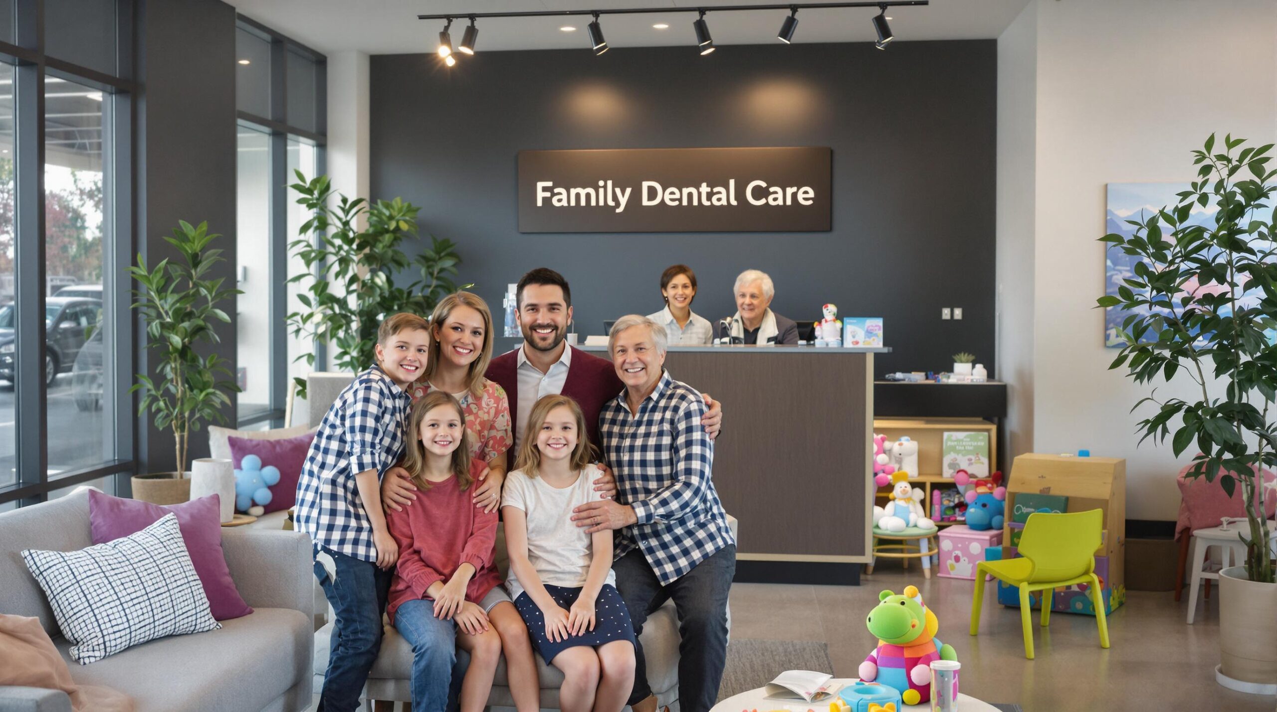 Family entering Edmonton dental clinic greeted by friendly staff