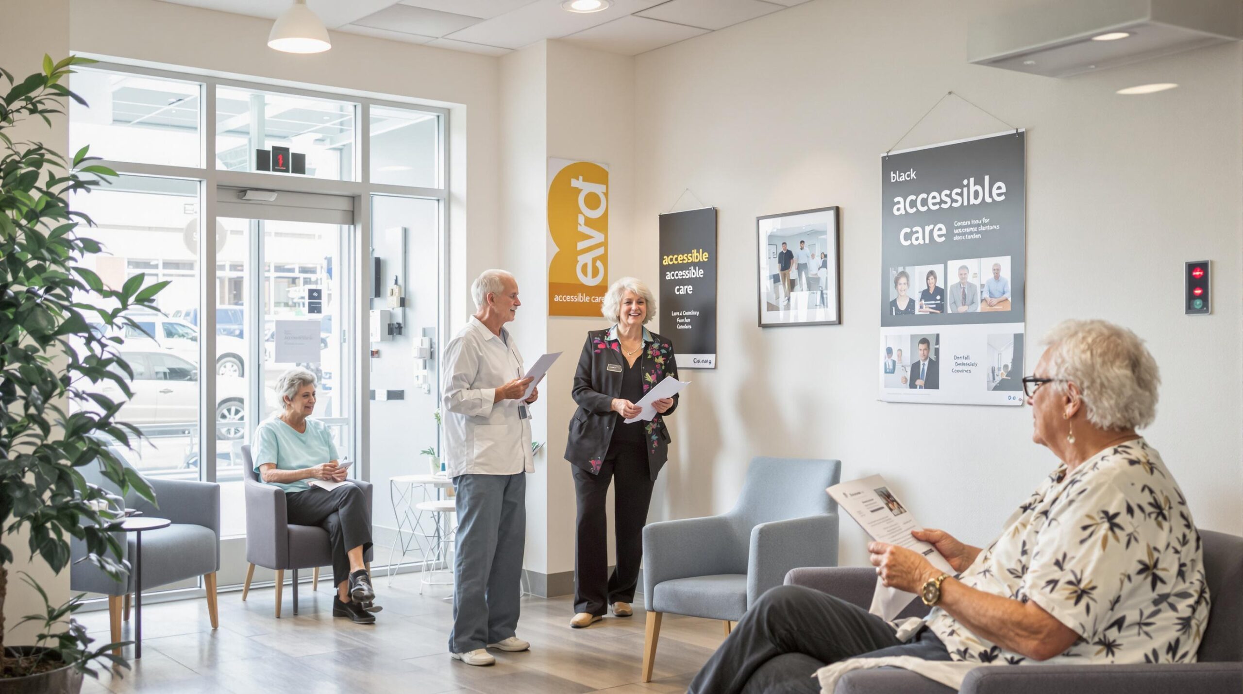 Seniors talking to staff in a bright, accessible Edmonton dental clinic