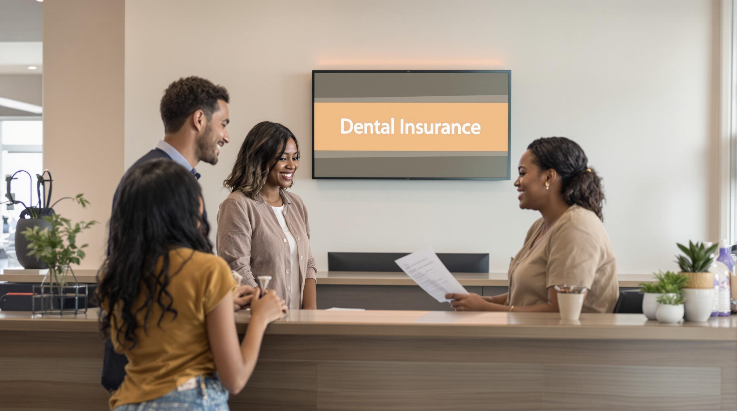 Family checks in at Alberta dental clinic with insurance paperwork visible