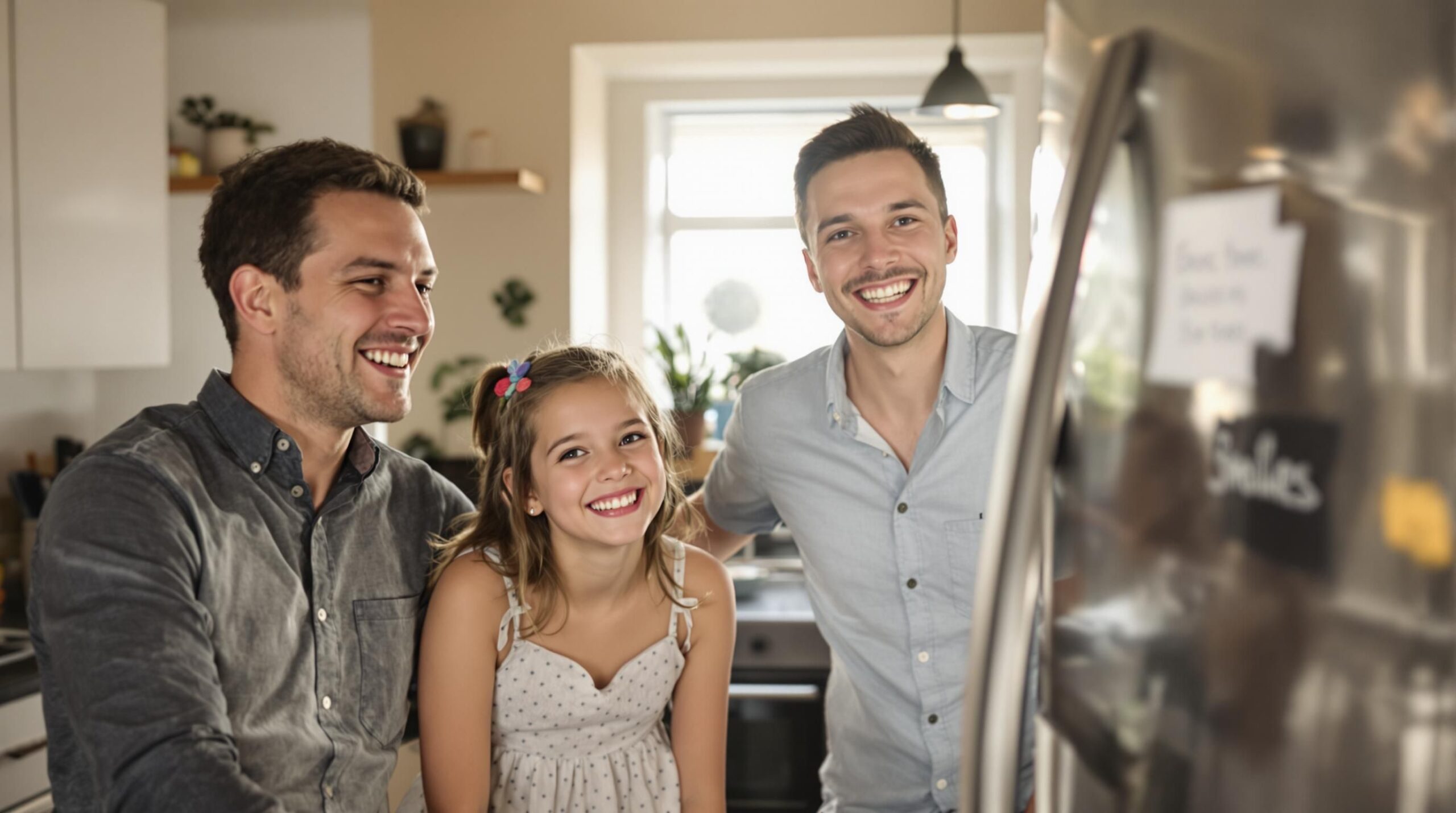 Edmonton family with bright teeth smiling in kitchen with 'Brighter Smiles' note