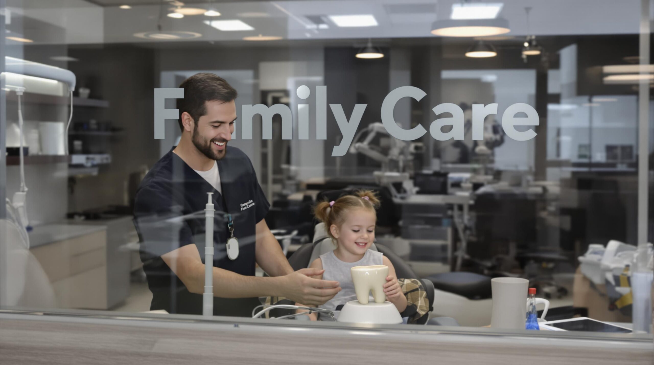 Dental professional and child with Down syndrome smiling in an adaptive Edmonton clinic