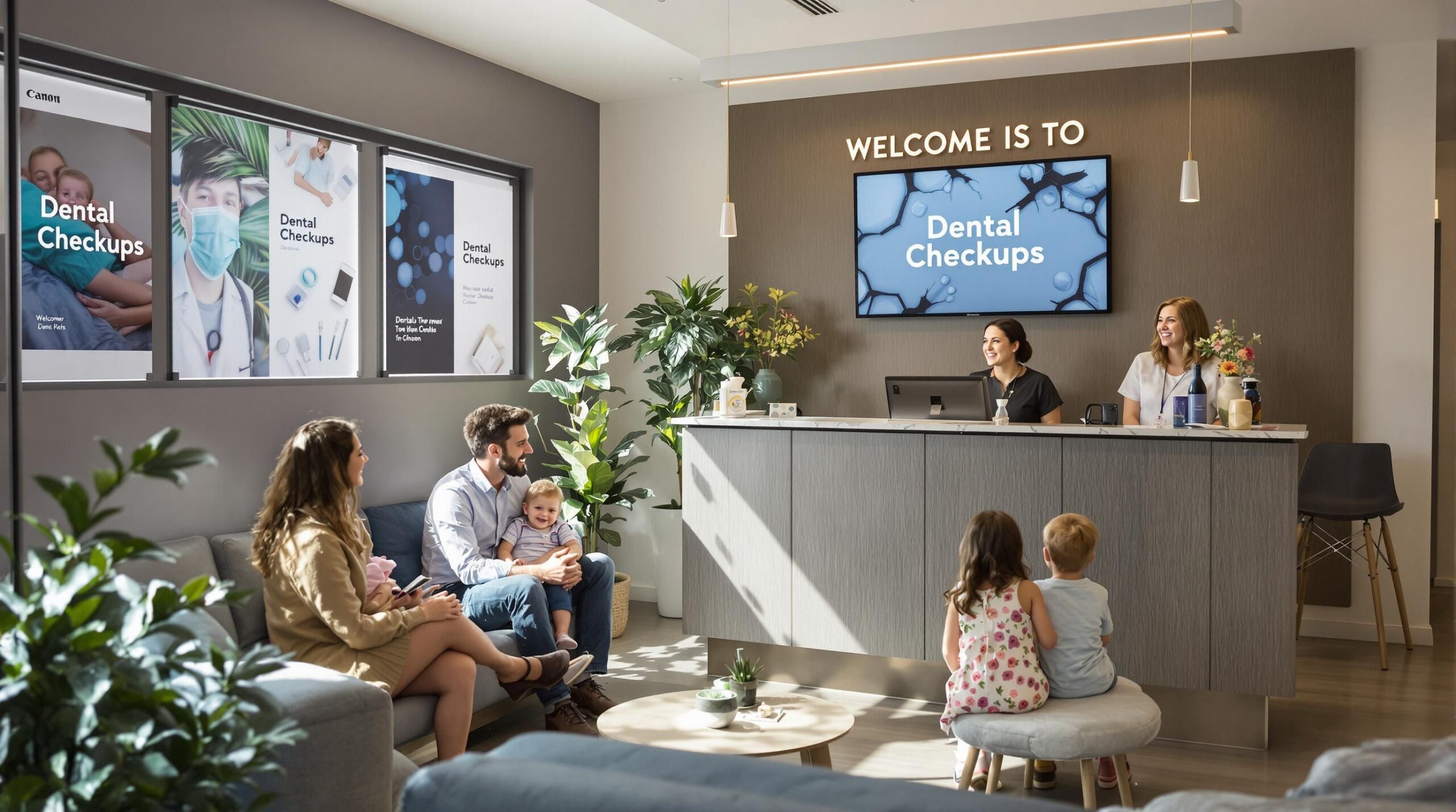Edmonton family smiles with dental receptionist in clinic lobby