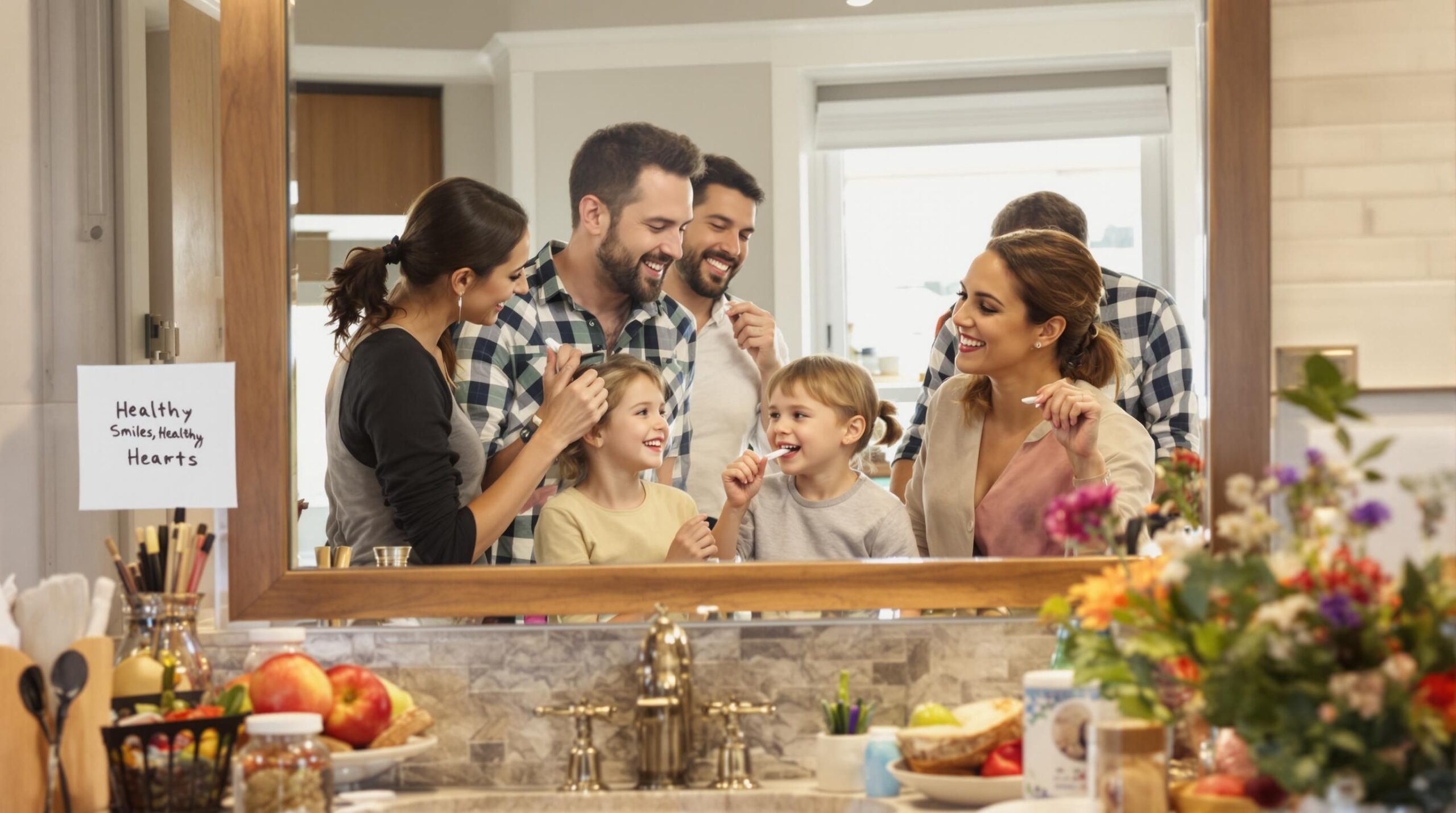 Family brushes and flosses teeth together beside heart health note